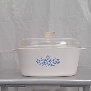 Vintage CorningWare White Casserole Dish with Blue Floral Design